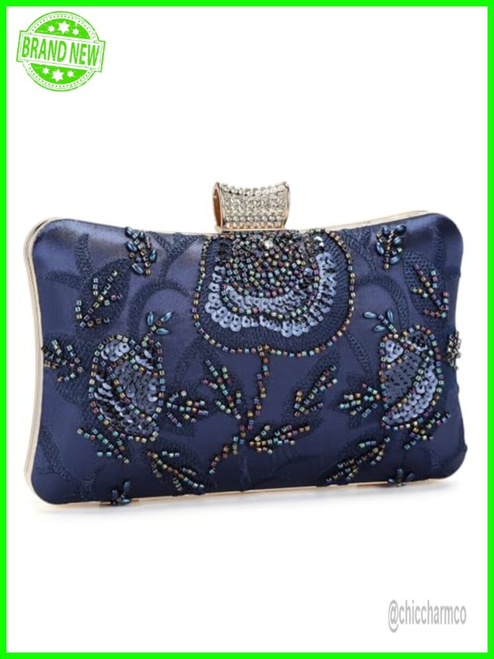 Beaded Sequin Vintage Evening Clutch with Chain Removable Strap